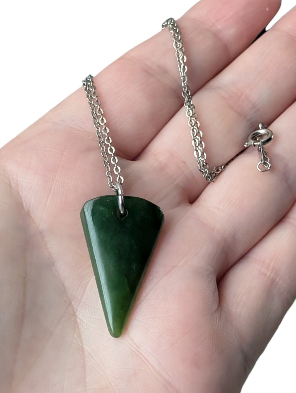 Vintage Carved Canadian Nephrite Jade Triangle Pendant On 18KGP Necklace